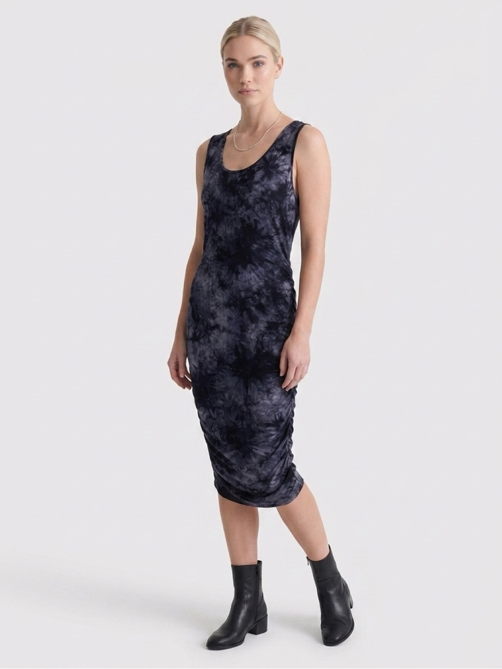 VENUS Blue Black Tie Dye Ruched Bodycon Midi Dress Women’s L